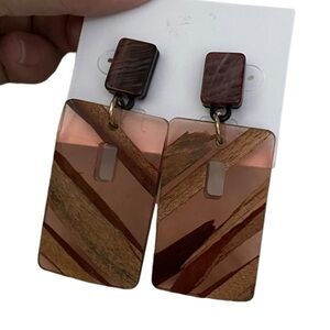 Wood and Acrylic Earrings Rose and Wood Grain Rectangular